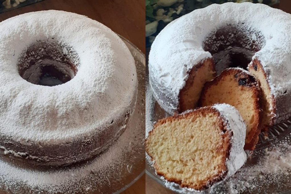 Bolo de baunilha polvilhado com açúcar de confeiteiro, delicioso demais