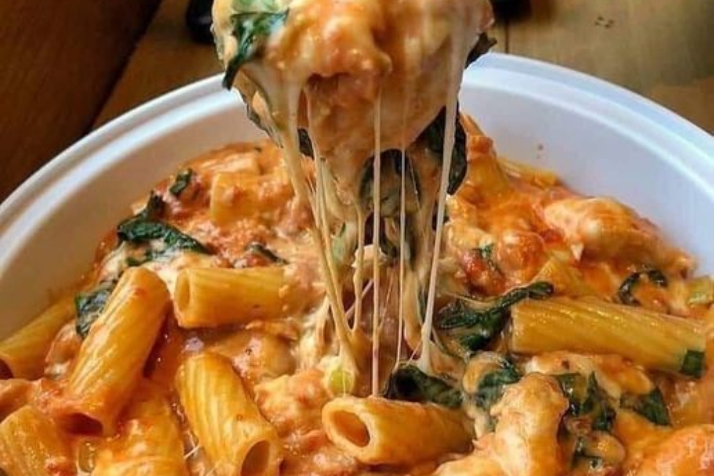 Macarrão com molho napolitano, queijo mussarela e manjericão um prato típico italiano pasta que fica magnifico 